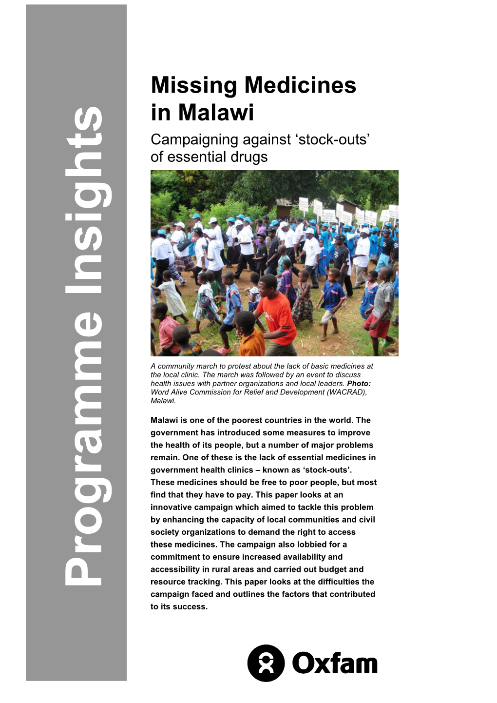 Missing Medicines in Malawi: Campaigning Against Stock-Outs of Essential Drugs Oxfam Programme Insights