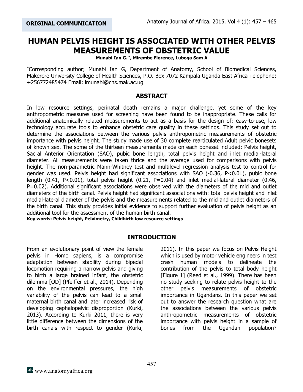 HUMAN PELVIS HEIGHT IS ASSOCIATED with OTHER PELVIS MEASUREMENTS of OBSTETRIC VALUE Munabi Ian G