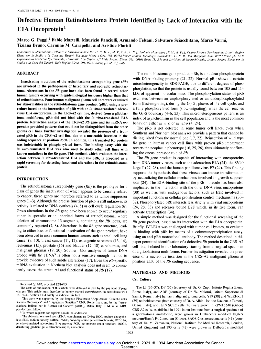 Defective Human Retinoblastoma Protein Identified by Lack of Interaction with the E1A Oncoprotein I