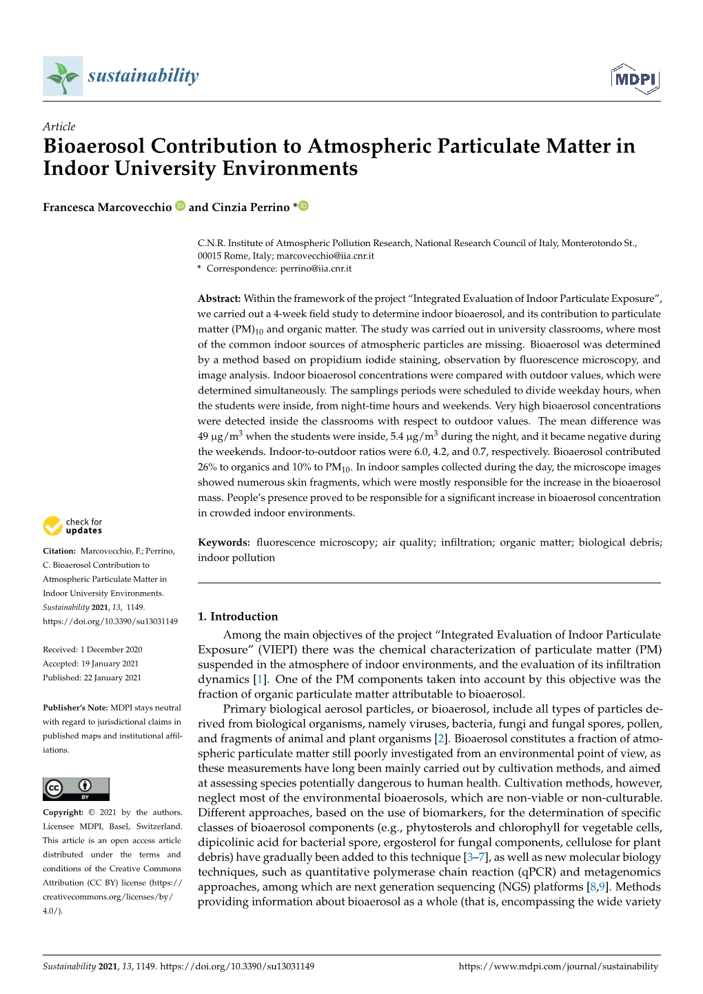 Bioaerosol Contribution to Atmospheric Particulate Matter in Indoor University Environments