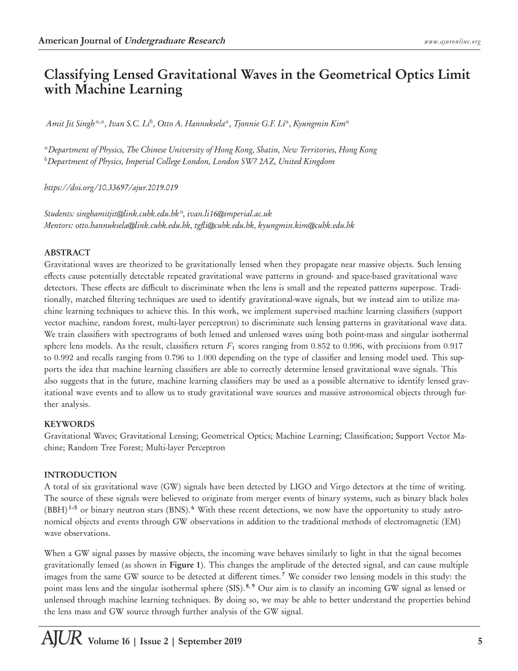 Classifying Lensed Gravitational Waves in the Geometrical Optics Limit with Machine Learning