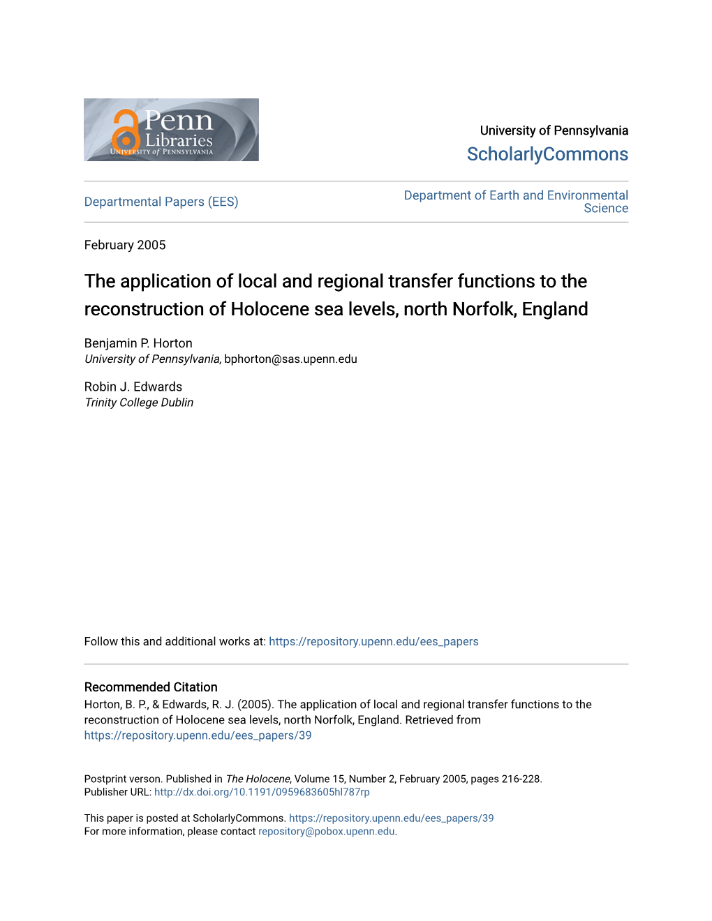 The Application of Local and Regional Transfer Functions to the Reconstruction of Holocene Sea Levels, North Norfolk, England