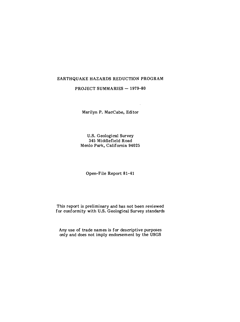 Marilyn P. Maccabe, Editor U.S. Geological Survey 345 Middlefield