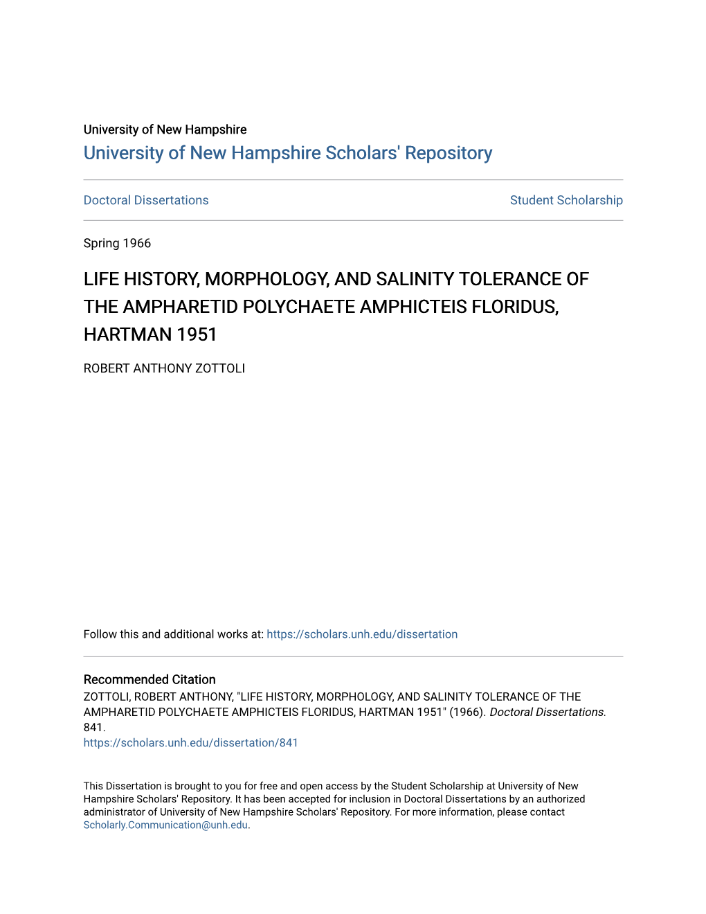 Life History, Morphology, and Salinity Tolerance of the Ampharetid Polychaete Amphicteis Floridus, Hartman 1951