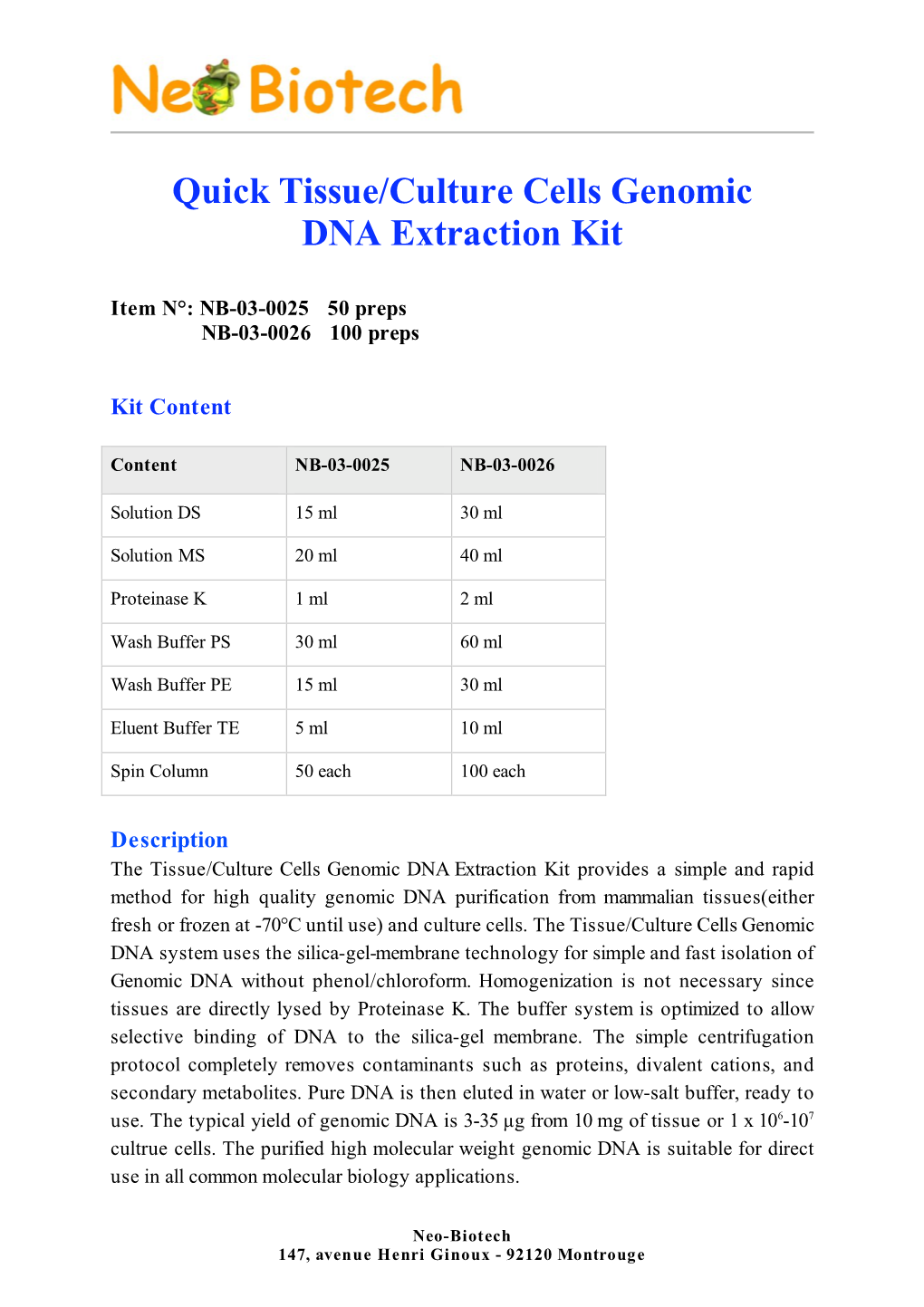 Quick Tissue/Culture Cells Genomic DNA Extraction Kit