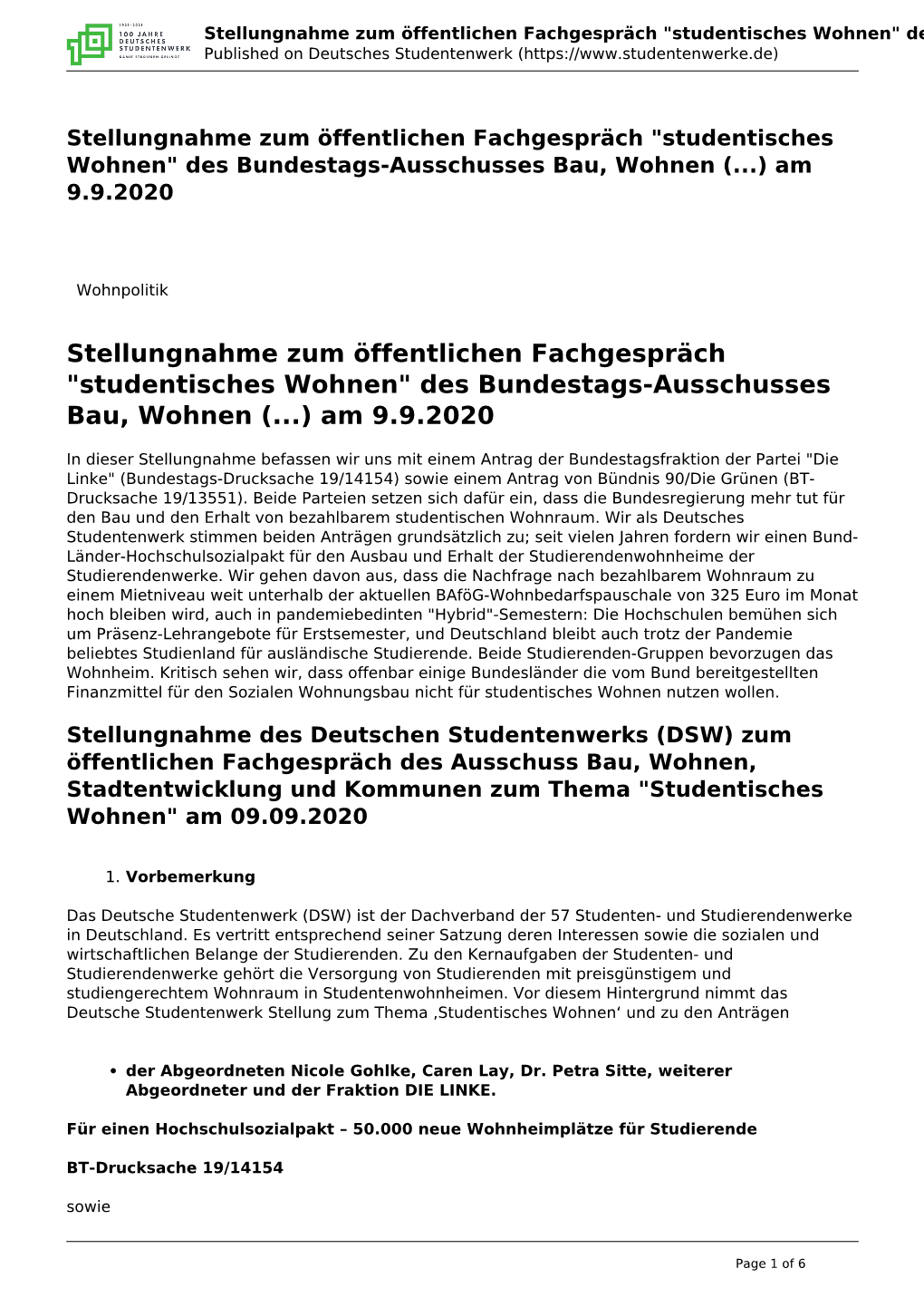 Studentisches Wohnen" Des Bundestags-Ausschusses Bau, Wohnen (...) Am 9.9.2020 Published on Deutsches Studentenwerk (