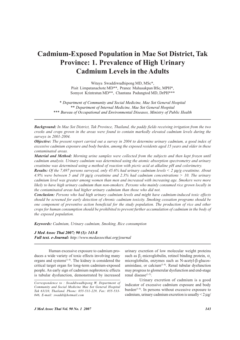 Cadmium-Exposed Population in Mae Sot District, Tak Province: 1