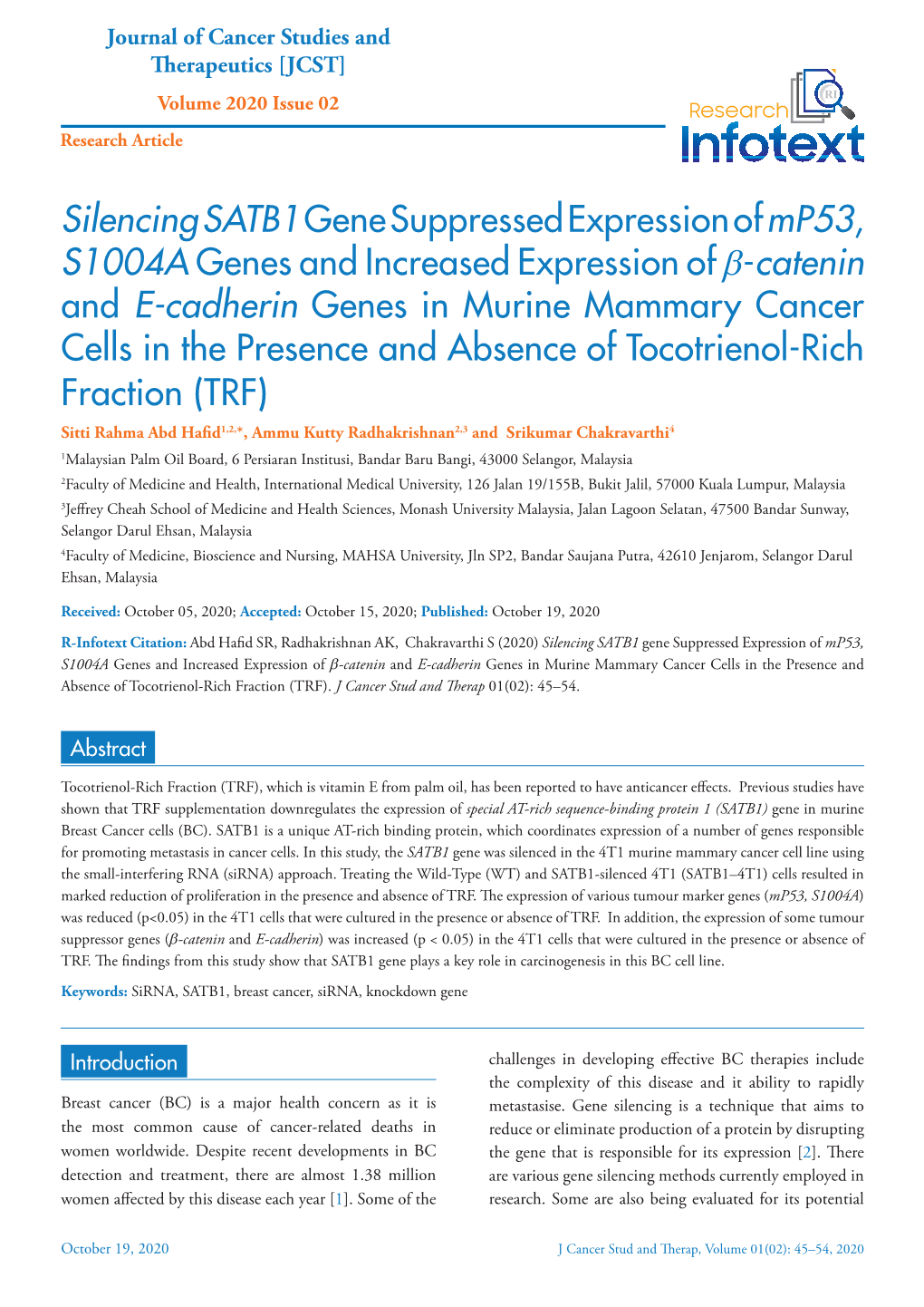 Silencingsatb1 Gene Suppressed Expression of Mp53, S1004A
