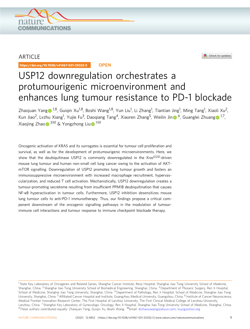 USP12 Downregulation Orchestrates a Protumourigenic Microenvironment and Enhances Lung Tumour Resistance to PD-1 Blockade