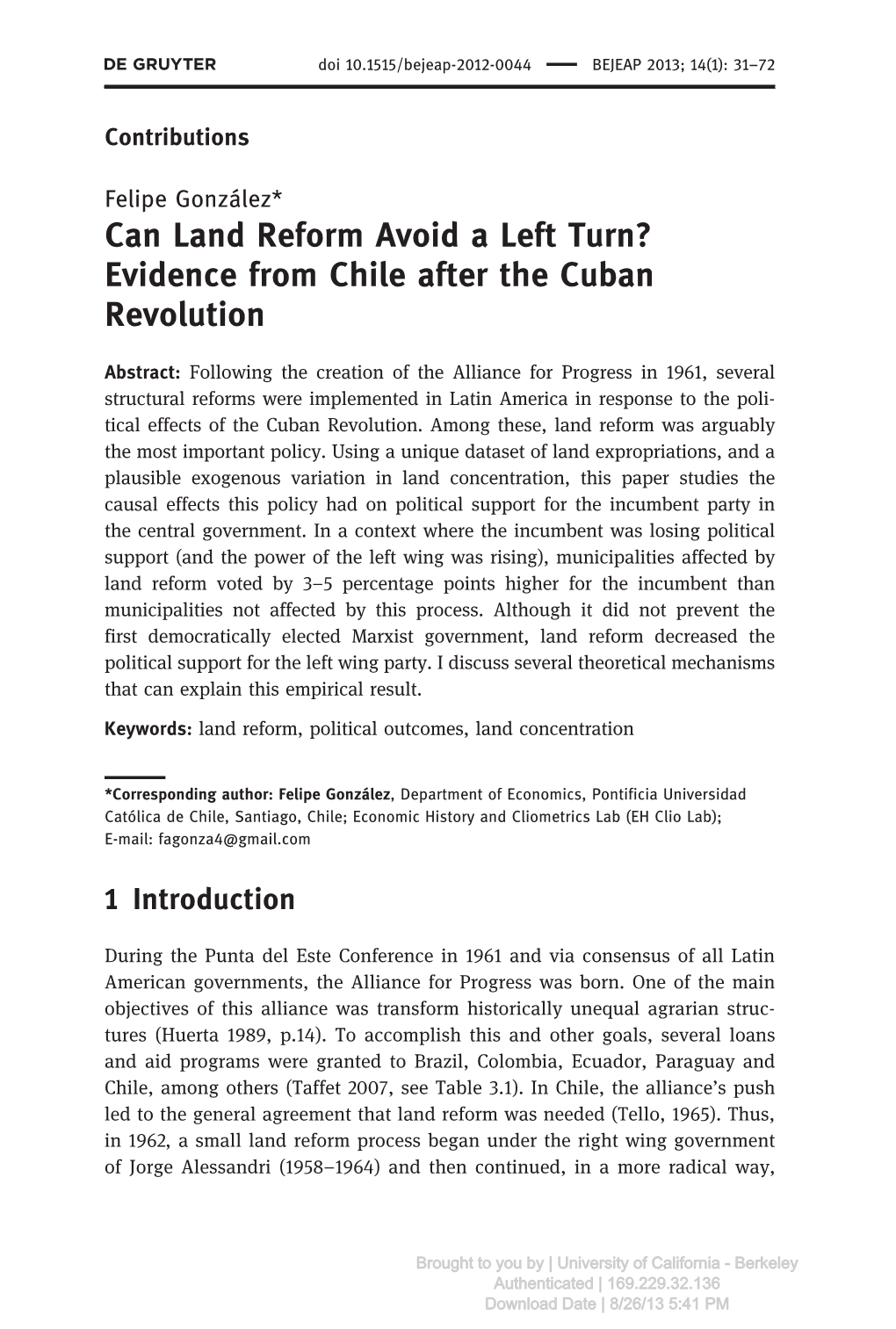 Can Land Reform Avoid a Left Turn? Evidence from Chile After the Cuban Revolution