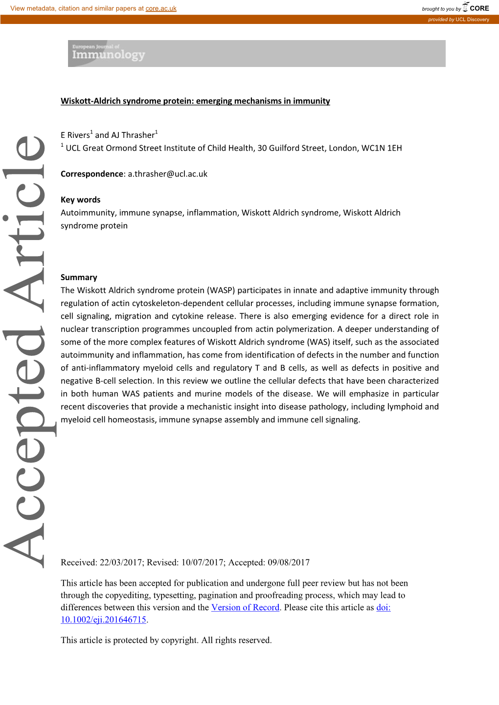 Aldrich Syndrome Protein: Emerging Mechanisms in Immunity