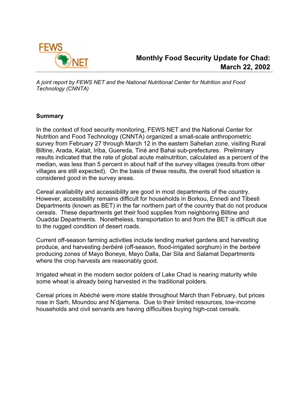 Monthly Food Security Update for Chad: March 22, 2002