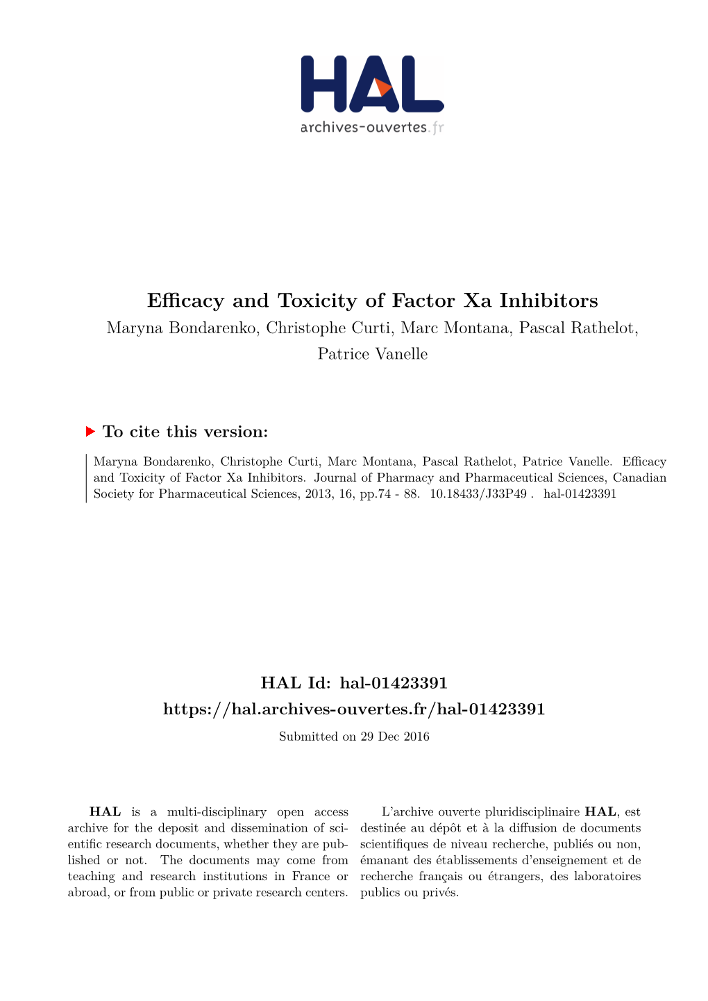 Efficacy and Toxicity of Factor Xa Inhibitors