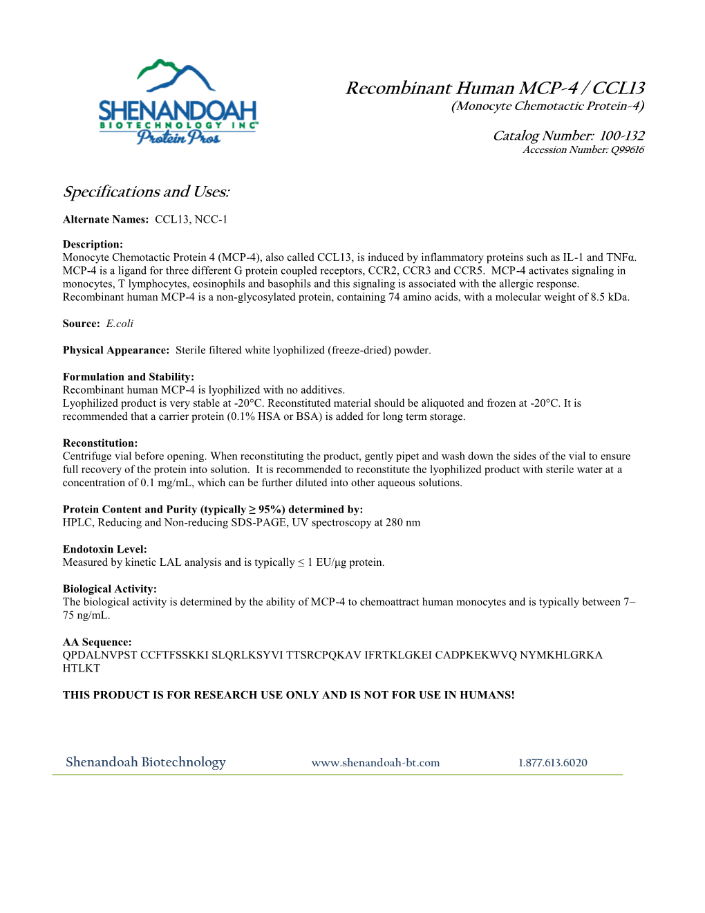 Recombinant Human MCP-4 / CCL13 (Monocyte Chemotactic Protein-4)