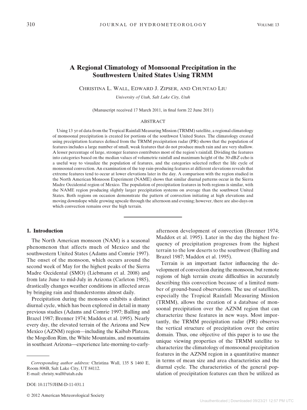 A Regional Climatology of Monsoonal Precipitation in the Southwestern United States Using TRMM