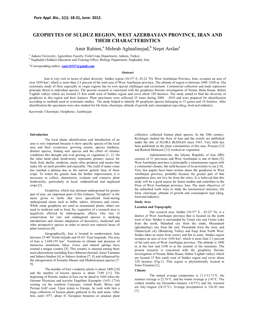 Geophytes of Sulduz Region, West Azerbayjan Province, Iran and Their Characteristics