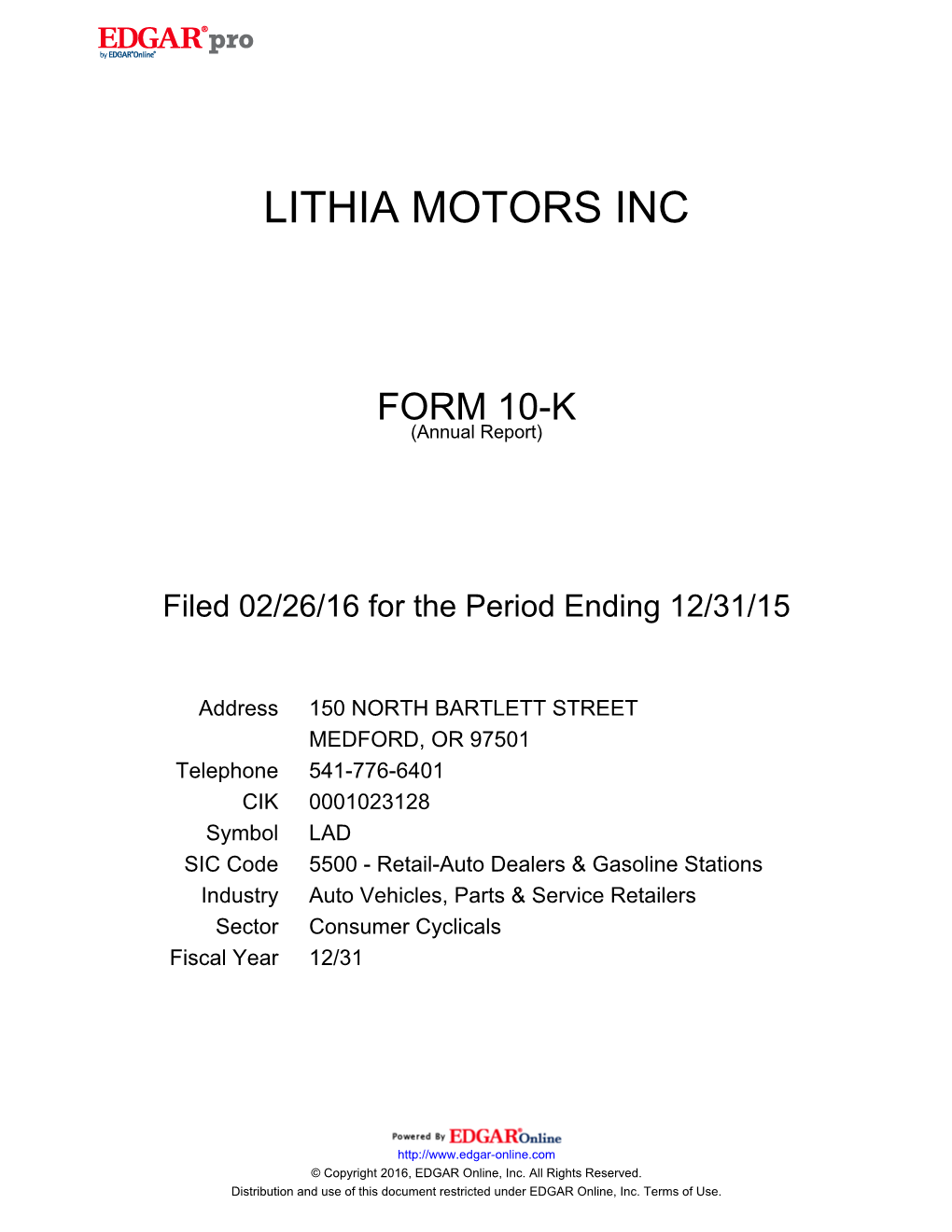 Lithia Motors Inc