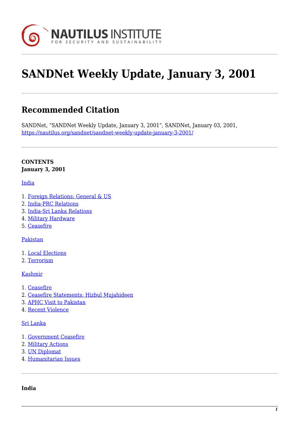 Sandnet Weekly Update, January 3, 2001