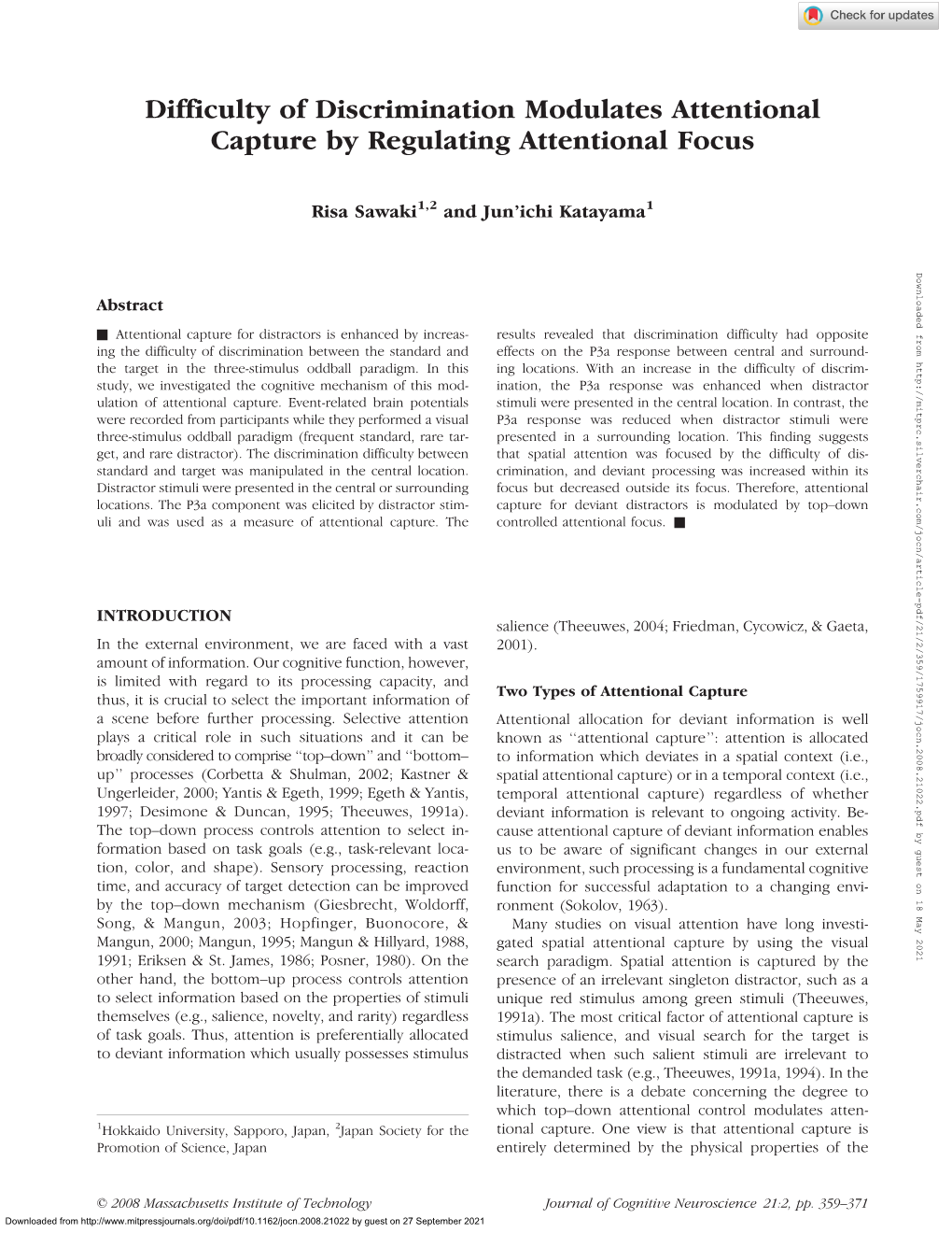 Difficulty of Discrimination Modulates Attentional Capture by Regulating Attentional Focus