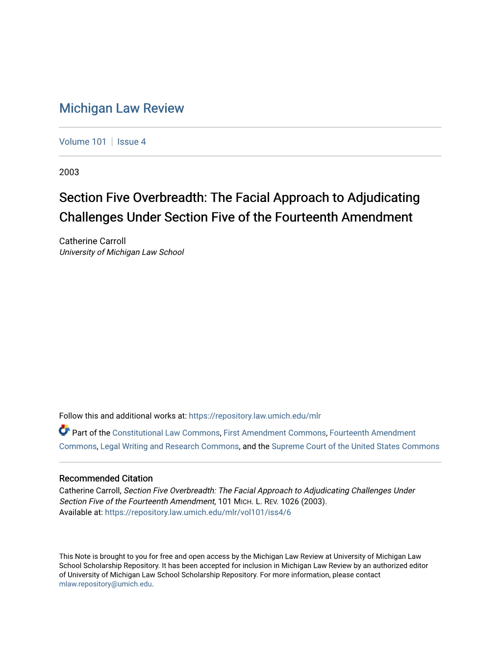 Section Five Overbreadth: the Facial Approach to Adjudicating Challenges Under Section Five of the Fourteenth Amendment