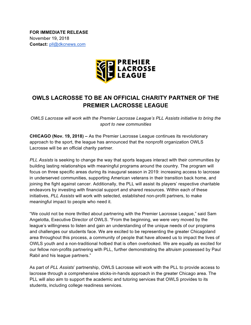 Owls Lacrosse to Be an Official Charity Partner of the Premier Lacrosse League