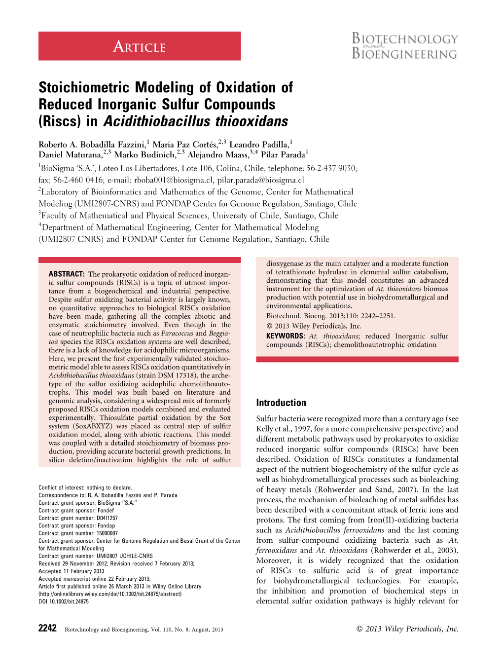 (Riscs) in Acidithiobacillus Thiooxidans