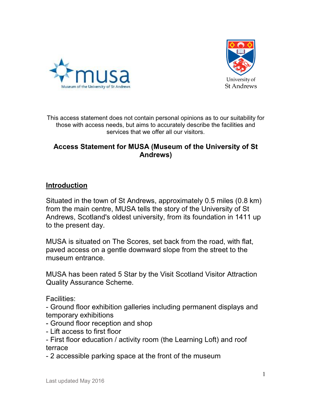 Access Statement for MUSA (Museum of the University of St Andrews)