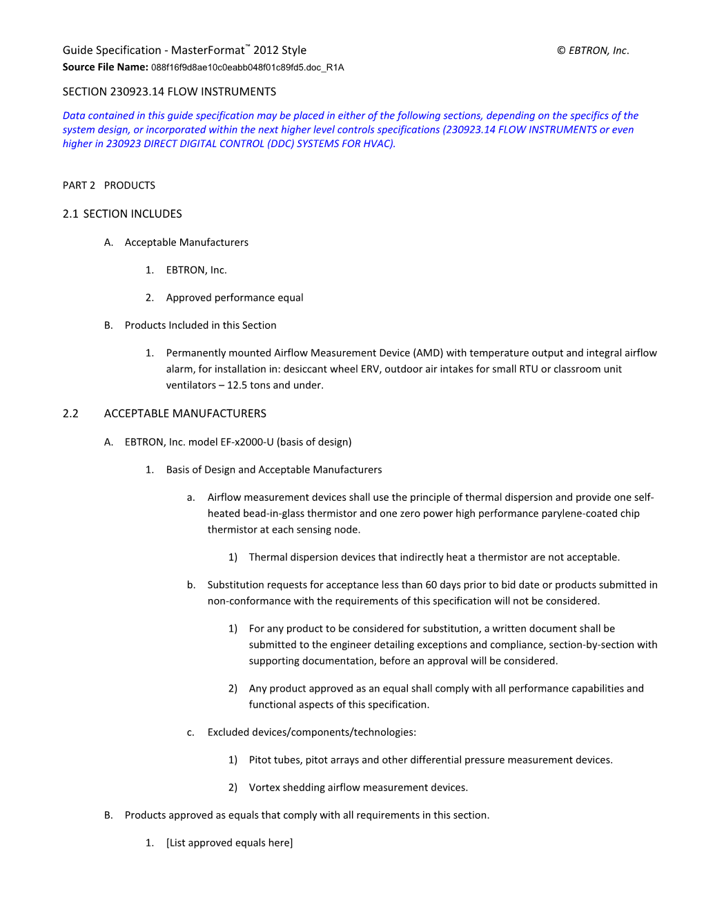 Guide Specification - Masterformat 2012 Style EBTRON, Inc. Source File Name: FULL-AMD EF-X2000-U