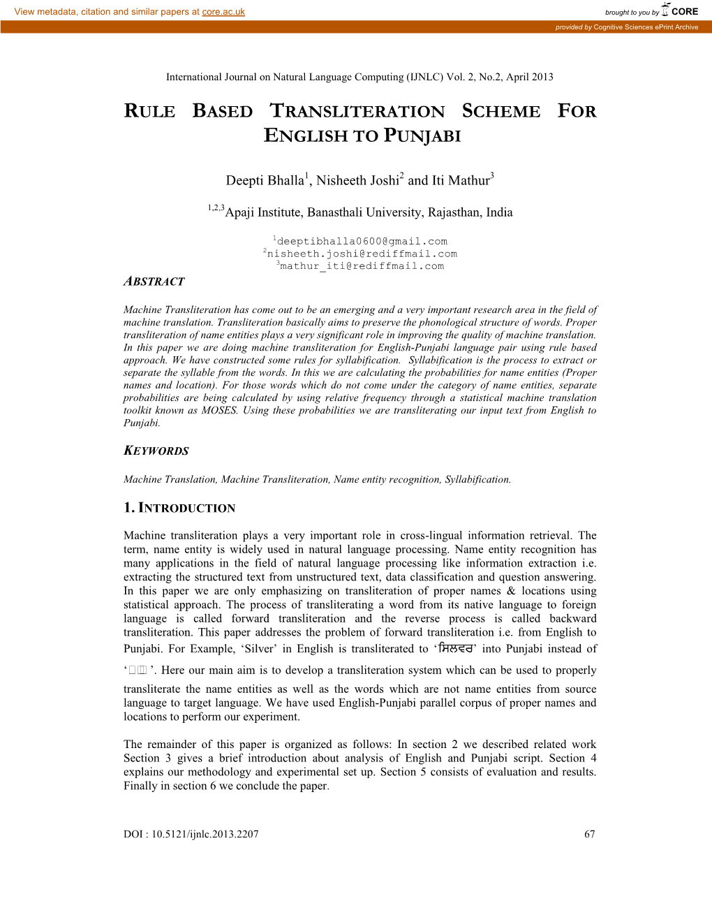 Rule Based Transliteration Scheme for English to Punjabi