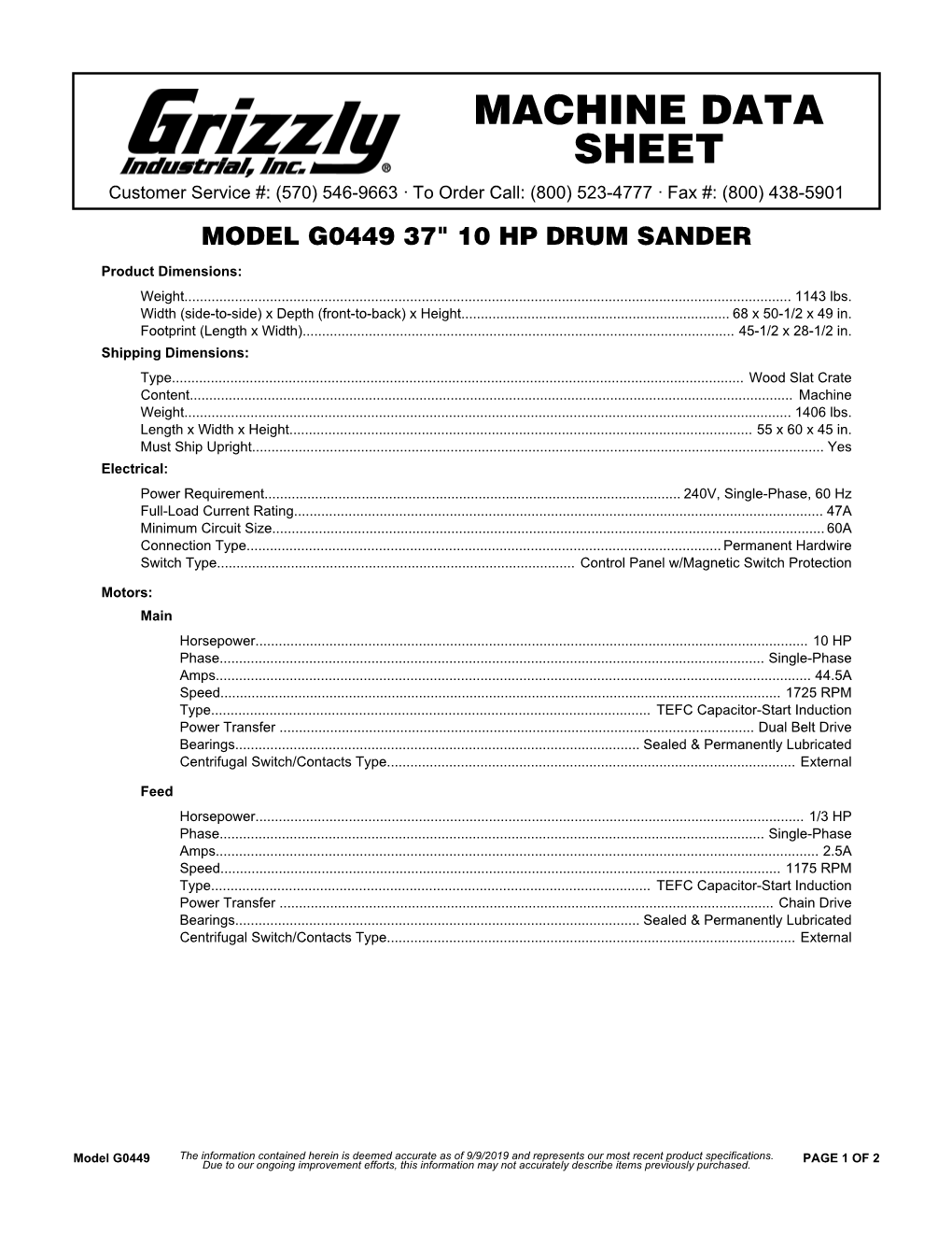 G0449 Specifications Sheet