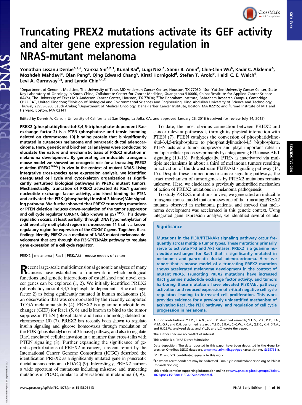 Truncating PREX2 Mutations Activate Its GEF Activity and Alter Gene