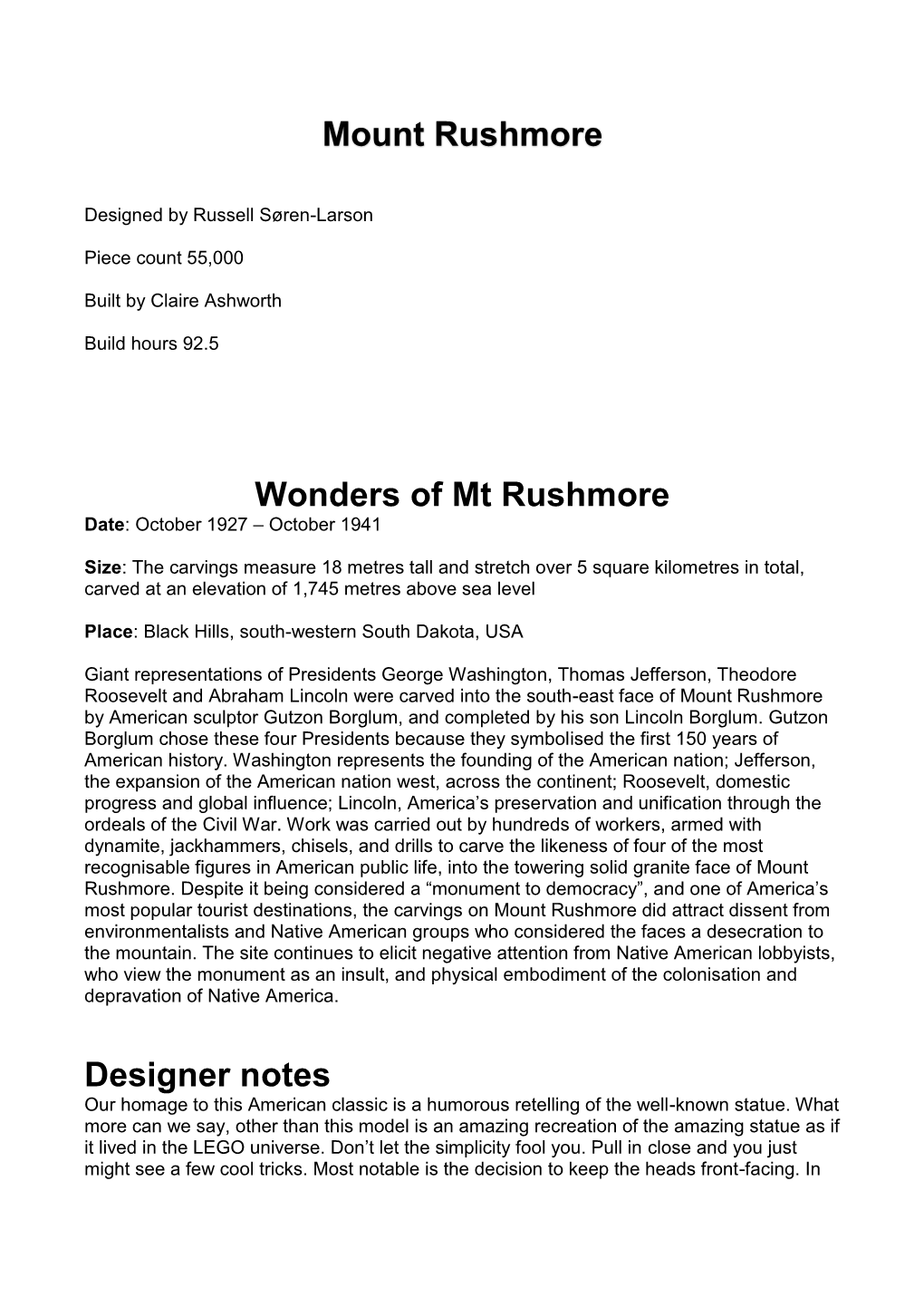 Mount Rushmore Wonders of Mt Rushmore Designer Notes