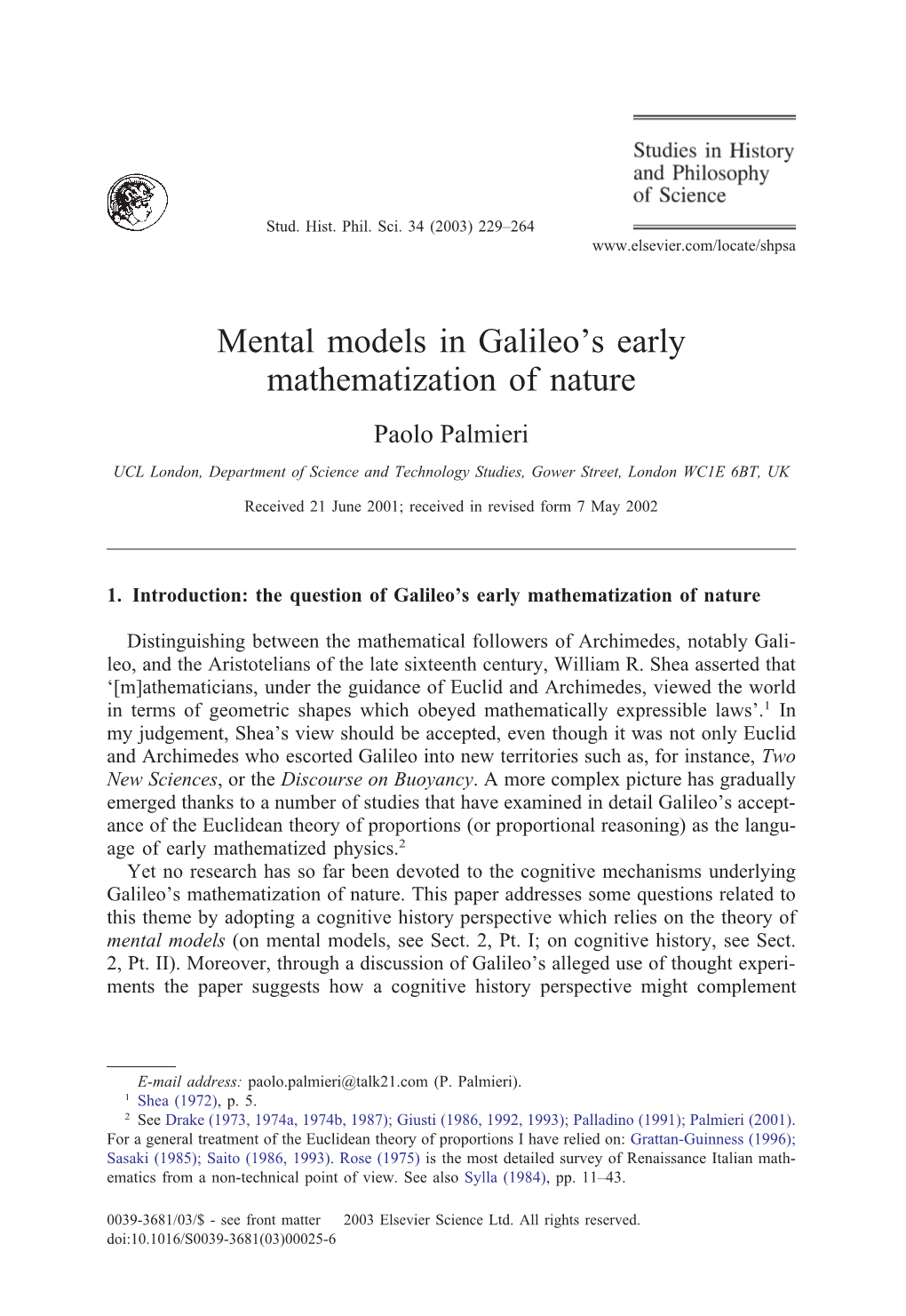 Mental Models in Galileo's Early Mathematization of Nature