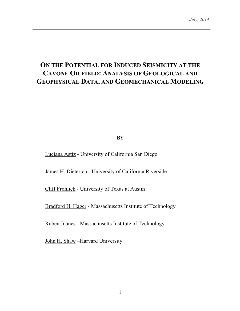 On the Potential for Induced Seismicity at the Cavone Oilfield: Analysis of Geological and Geophysical Data, and Geomechanical Modeling