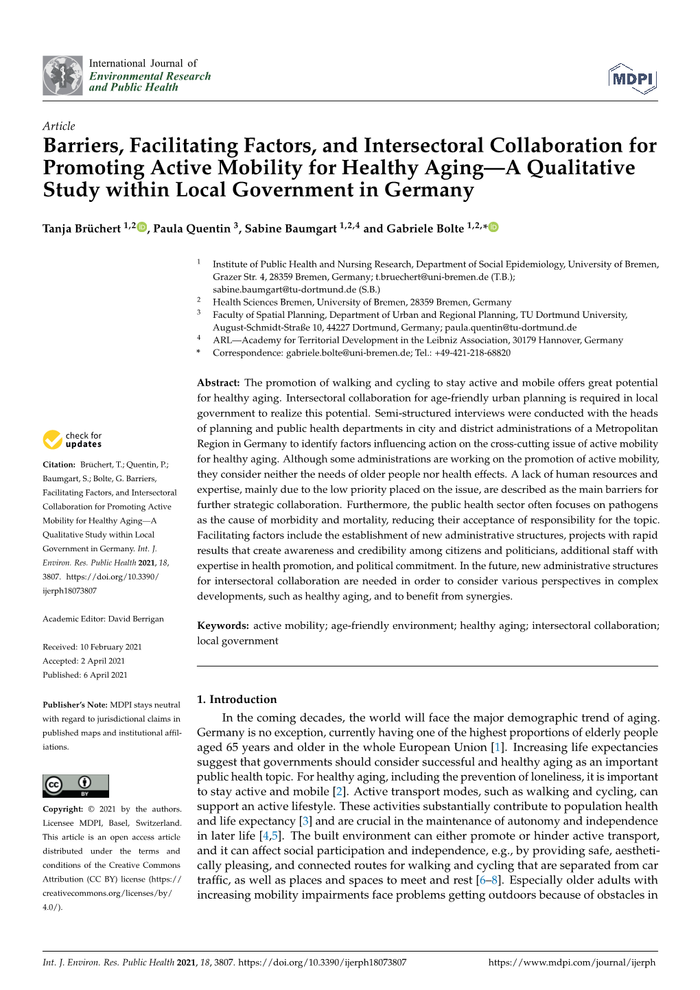 Barriers, Facilitating Factors, and Intersectoral Collaboration for Promoting Active Mobility for Healthy Aging—A Qualitative Study Within Local Government in Germany