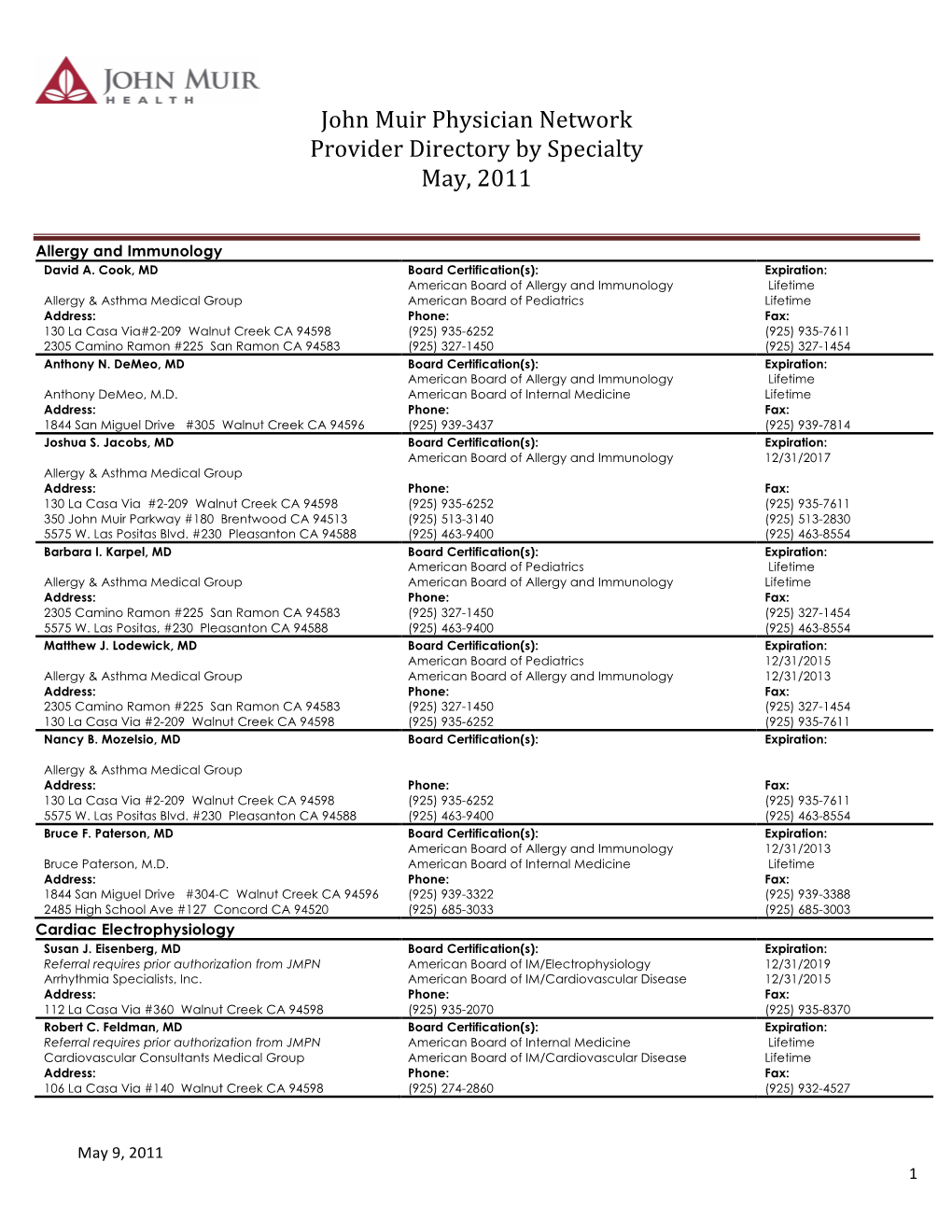 John Muir Physician Network Provider Directory by Specialty May, 2011