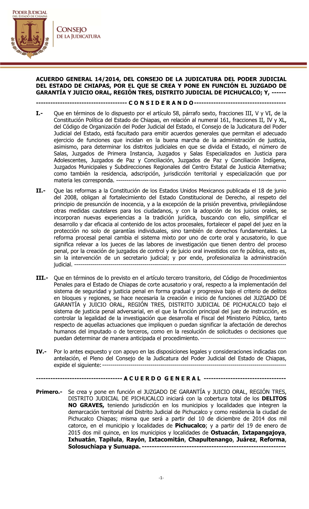 Acuerdo 14 2014 Creacion Juzgado Oral Pichucalco