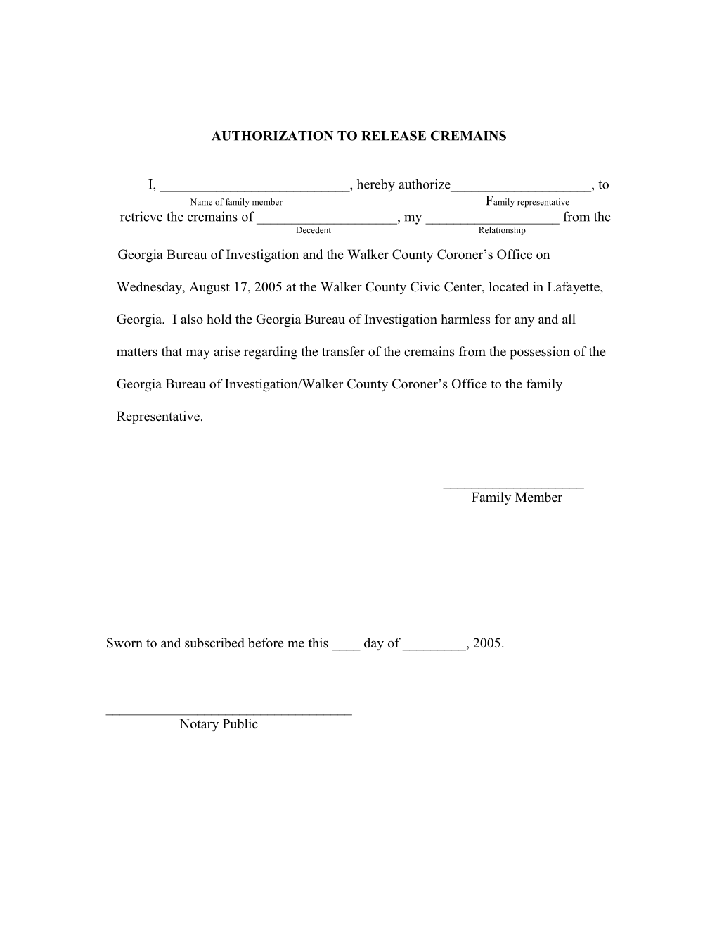 Authorization to Release Cremains