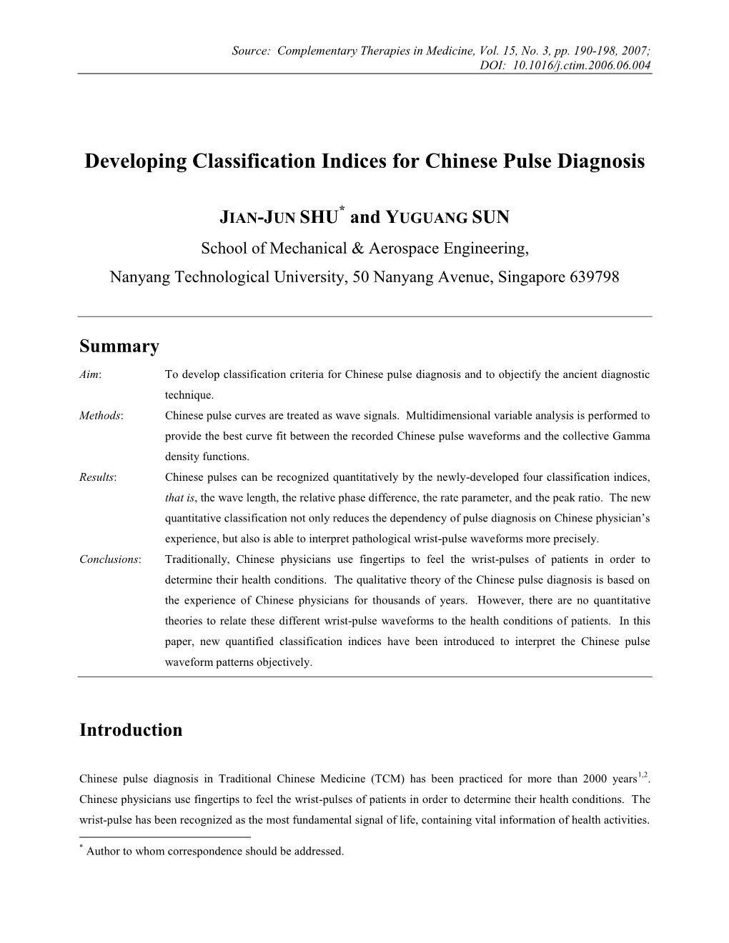 Developing Classification Indices for Chinese Pulse Diagnosis}