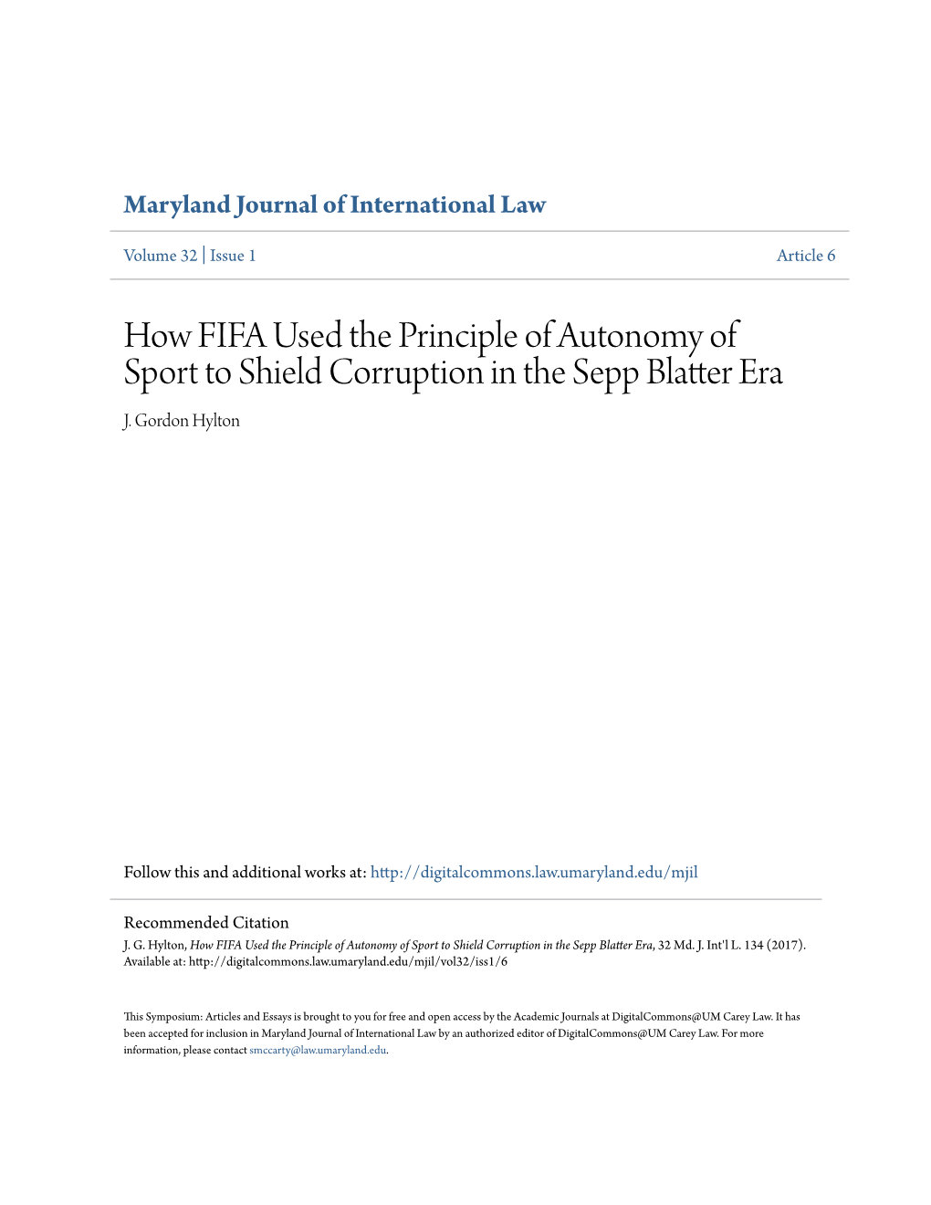 How FIFA Used the Principle of Autonomy of Sport to Shield Corruption in the Sepp Blatter Era J