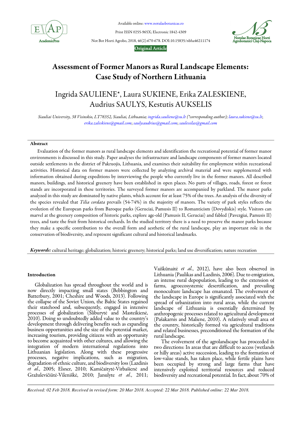 Assessment of Former Manors As Rural Landscape Elements: Case Study of Northern Lithuania