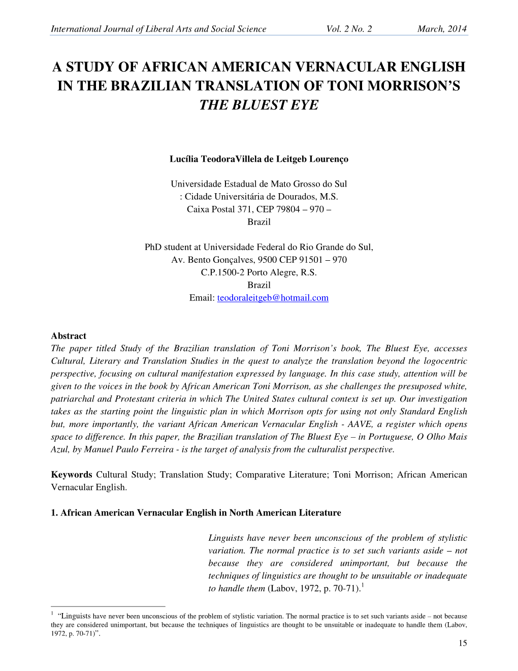 A Study of African American Vernacular English in the Brazilian Translation of Toni Morrison’S the Bluest Eye