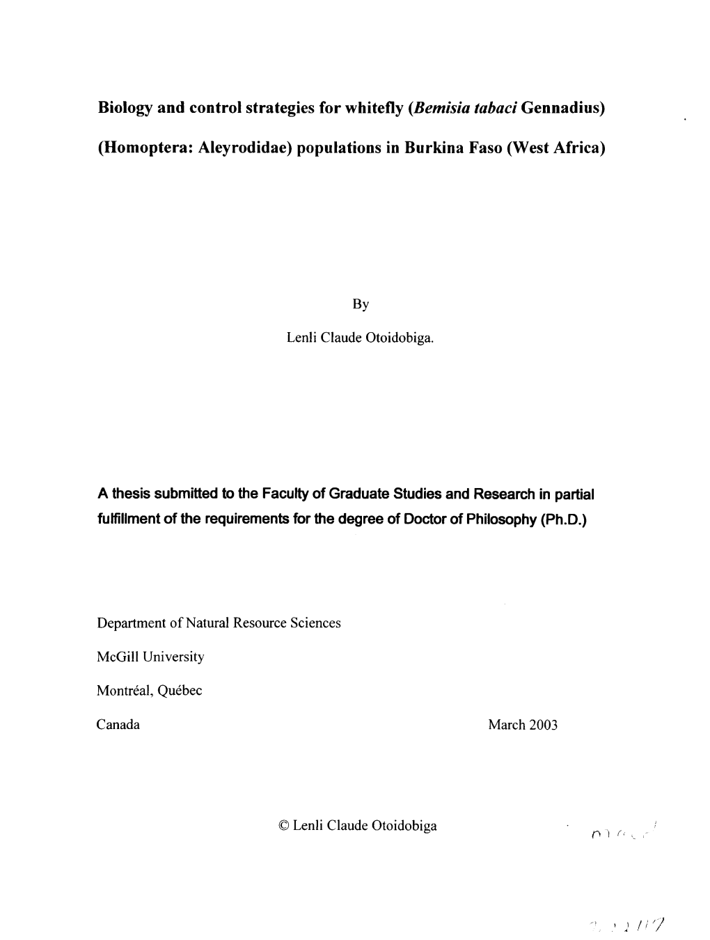 Biology and Control Stratégies for Whitefly (Bemisia Tabaci Gennadius)