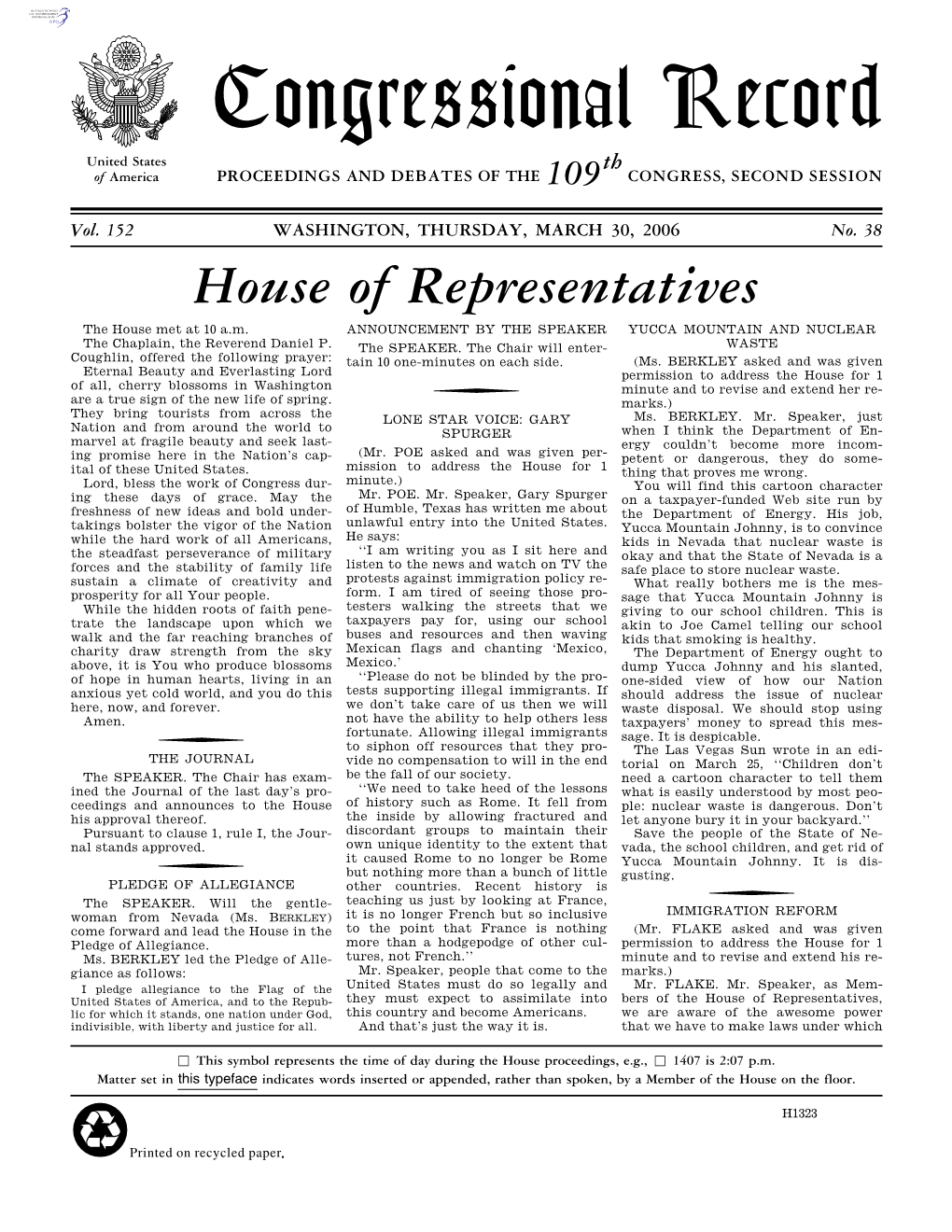 Congressional Record United States Th of America PROCEEDINGS and DEBATES of the 109 CONGRESS, SECOND SESSION