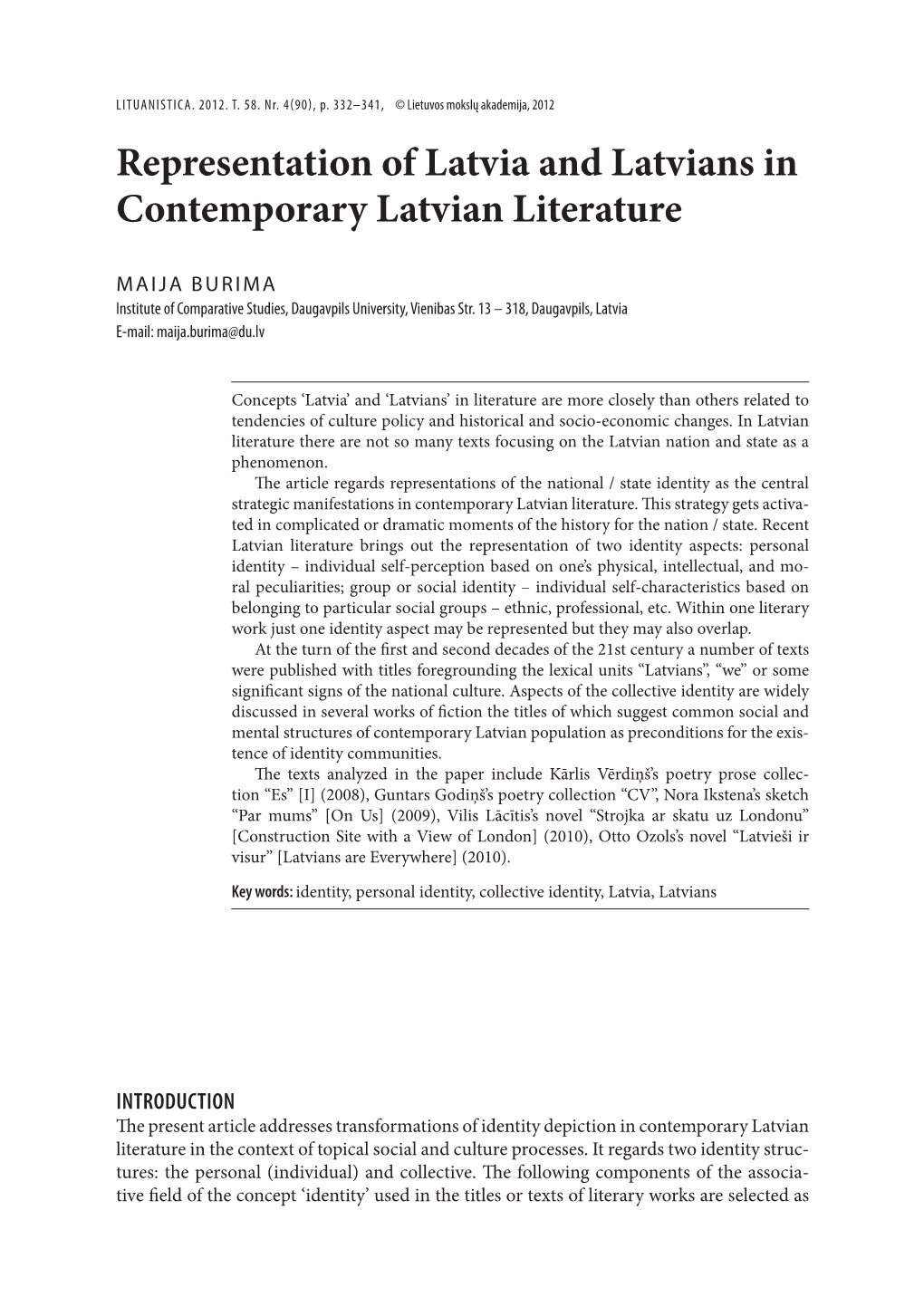 Representation of Latvia and Latvians in Contemporary Latvian Literature