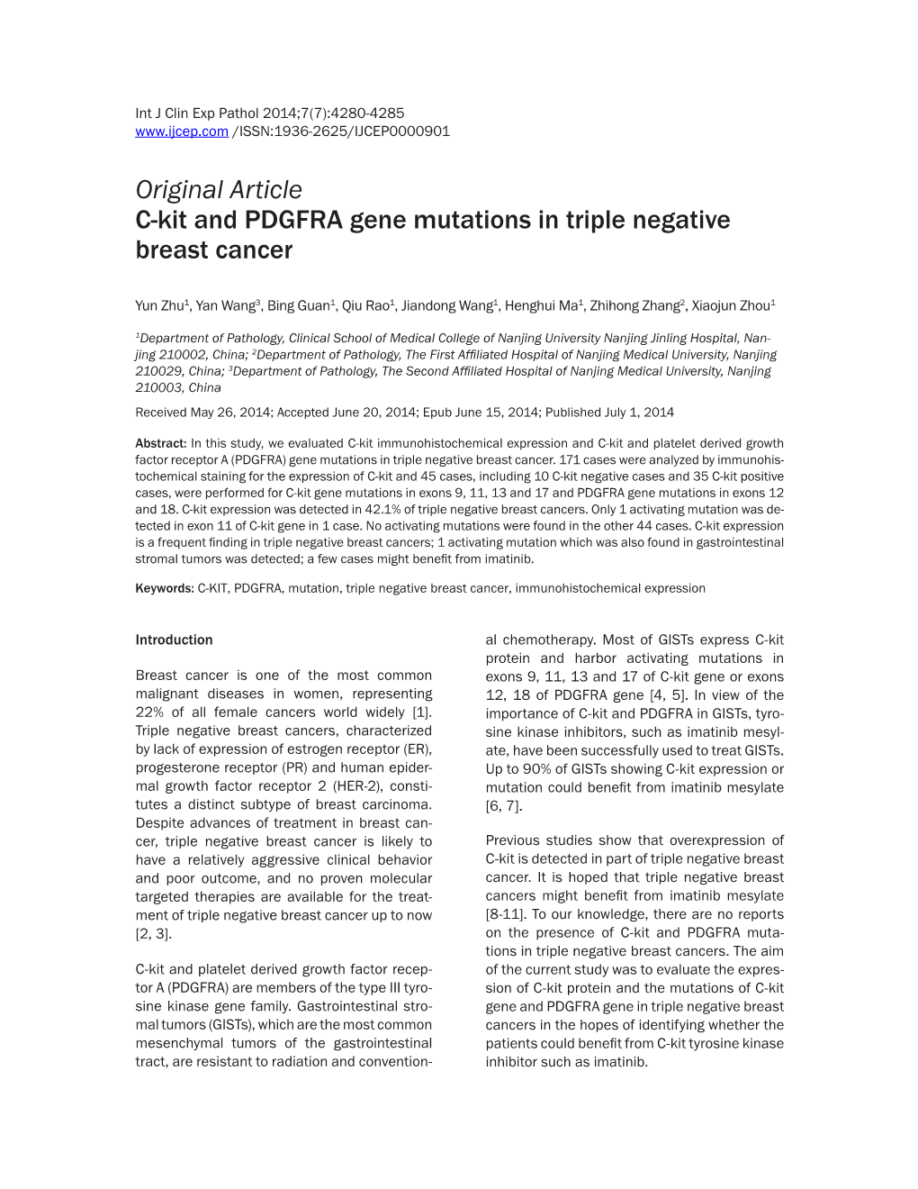 Original Article C-Kit and PDGFRA Gene Mutations in Triple Negative Breast Cancer