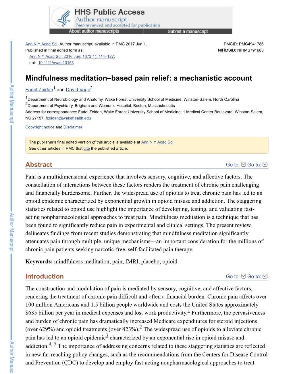 Mindfulness Meditation–Based Pain Relief: a Mechanistic Account