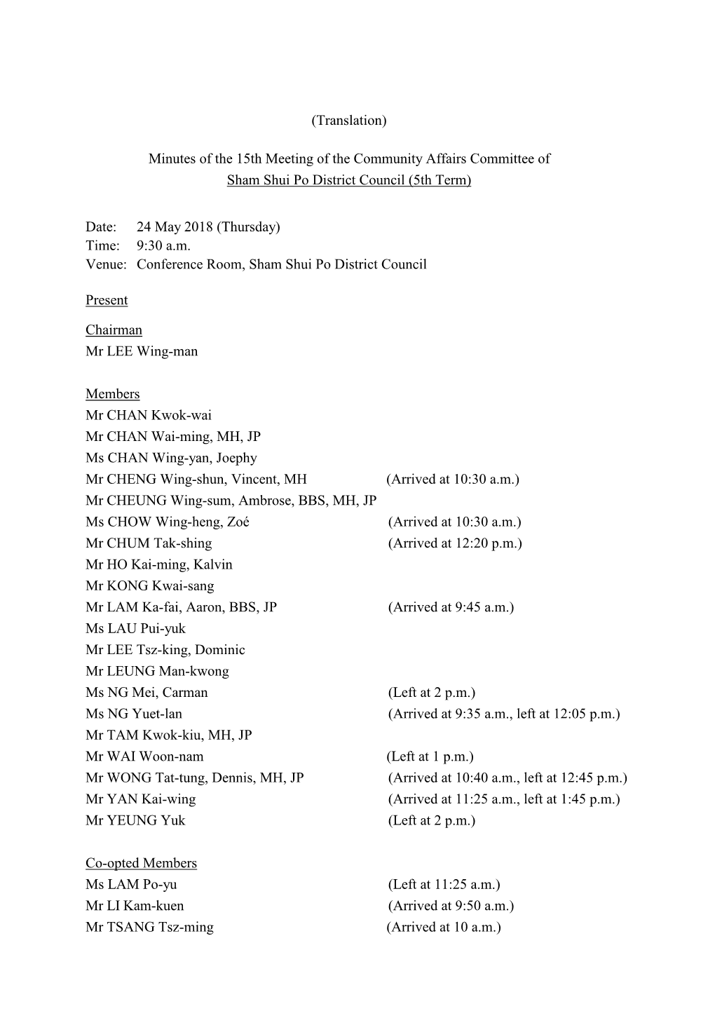 Minutes of the 15Th Meeting of the Community Affairs Committee of Sham Shui Po District Council (5Th Term)