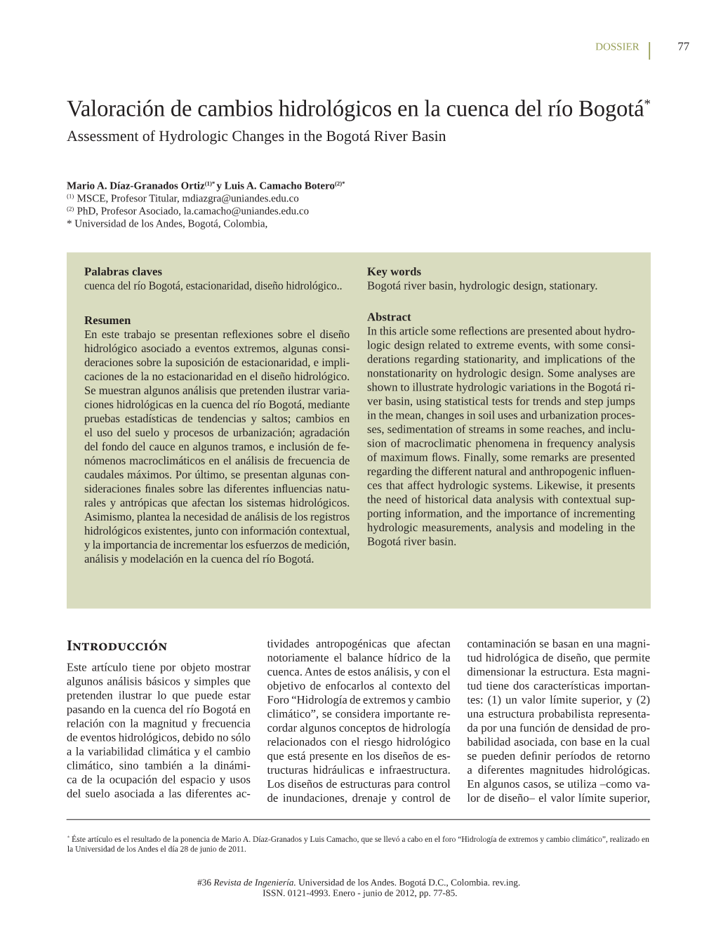 Valoración De Cambios Hidrológicos En La Cuenca Del Río Bogotá* Assessment of Hydrologic Changes in the Bogotá River Basin