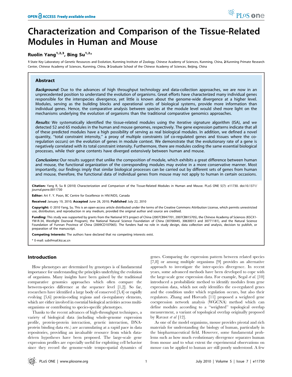 Characterization and Comparison of the Tissue-Related Modules in Human and Mouse